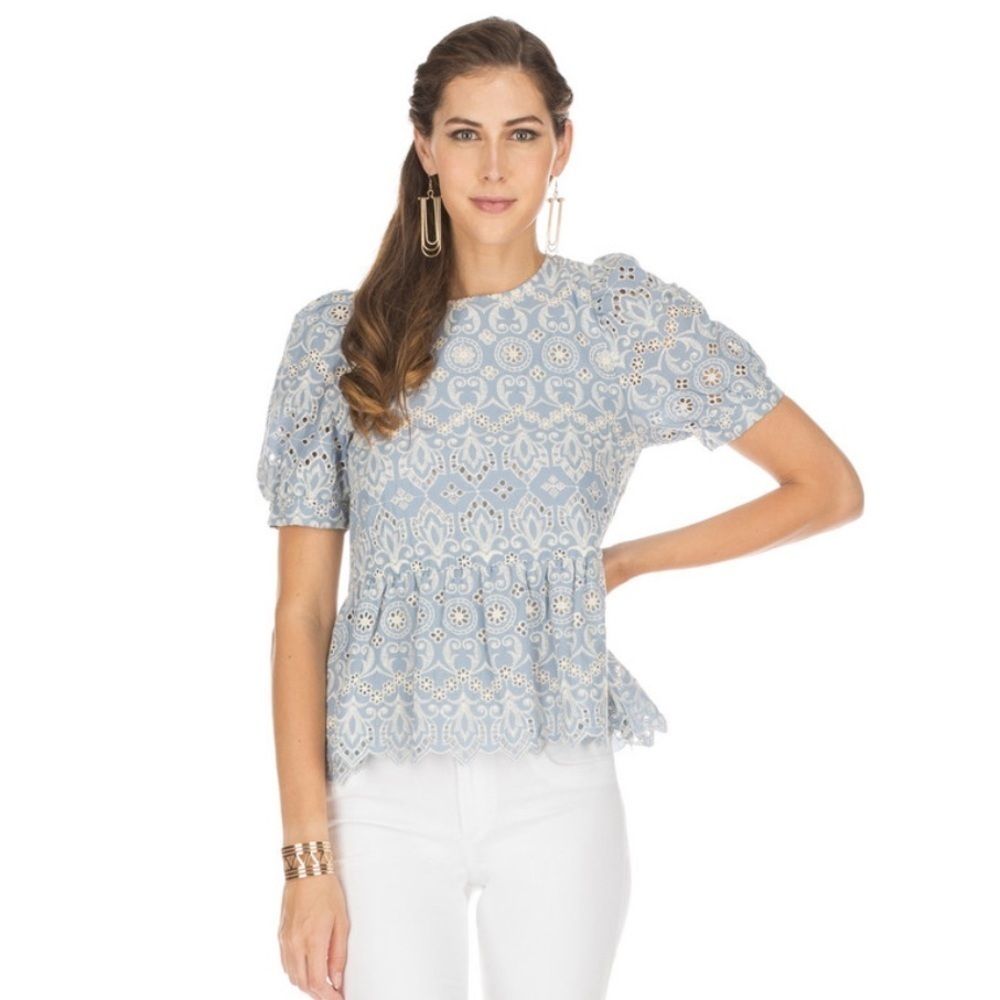 Jade Melody Tam Light Blue Eyelet Embroidered Peplum Puff Sleeve Blouse Sz Small